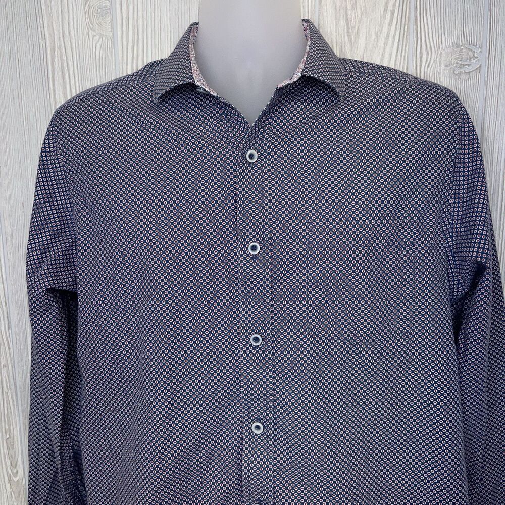 Johnston & Murphy Button Up Shirt Men's Size Medium Blue Red Circles Flip Cuff